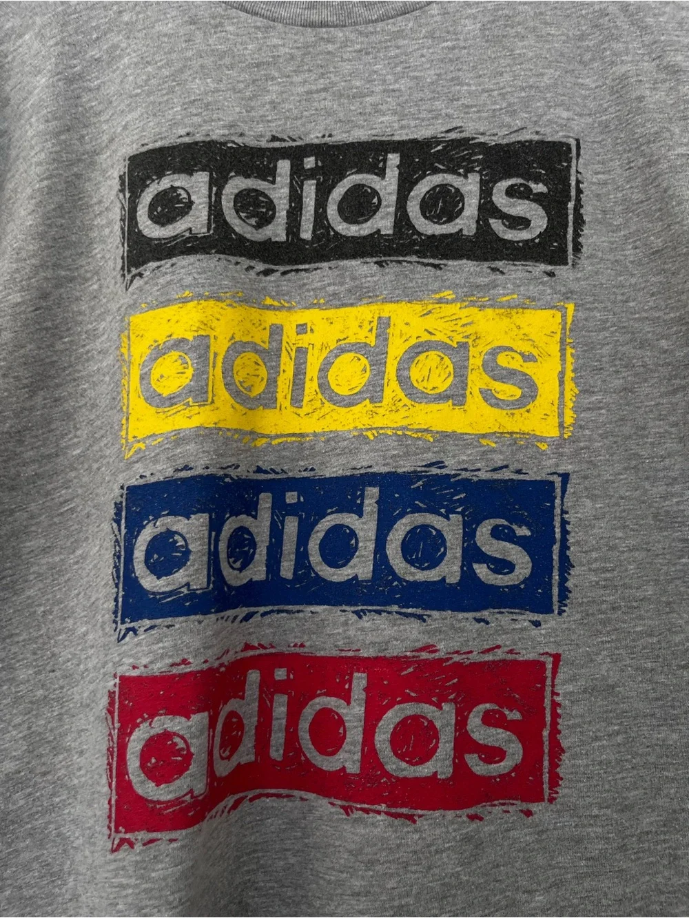 adidas Men's Gray Short Sleeve Tee with Multicolor Logo Blocks